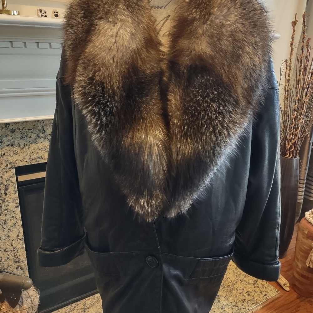 Vera Pelle Black Genuine Black Leather 3/4 Coat Fur Trim Made In Italy L - XL 14 - Picture 5 of 13